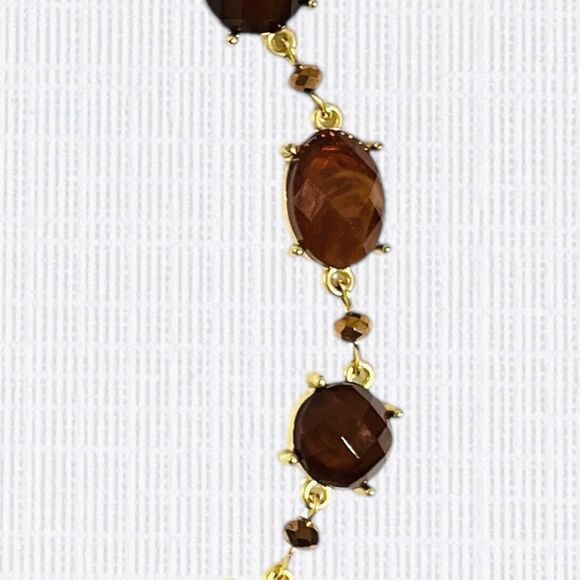 Brown Rhinestone Statement Necklace Gold Tone Swirled Oval Retro Evening - Picture 4 of 7